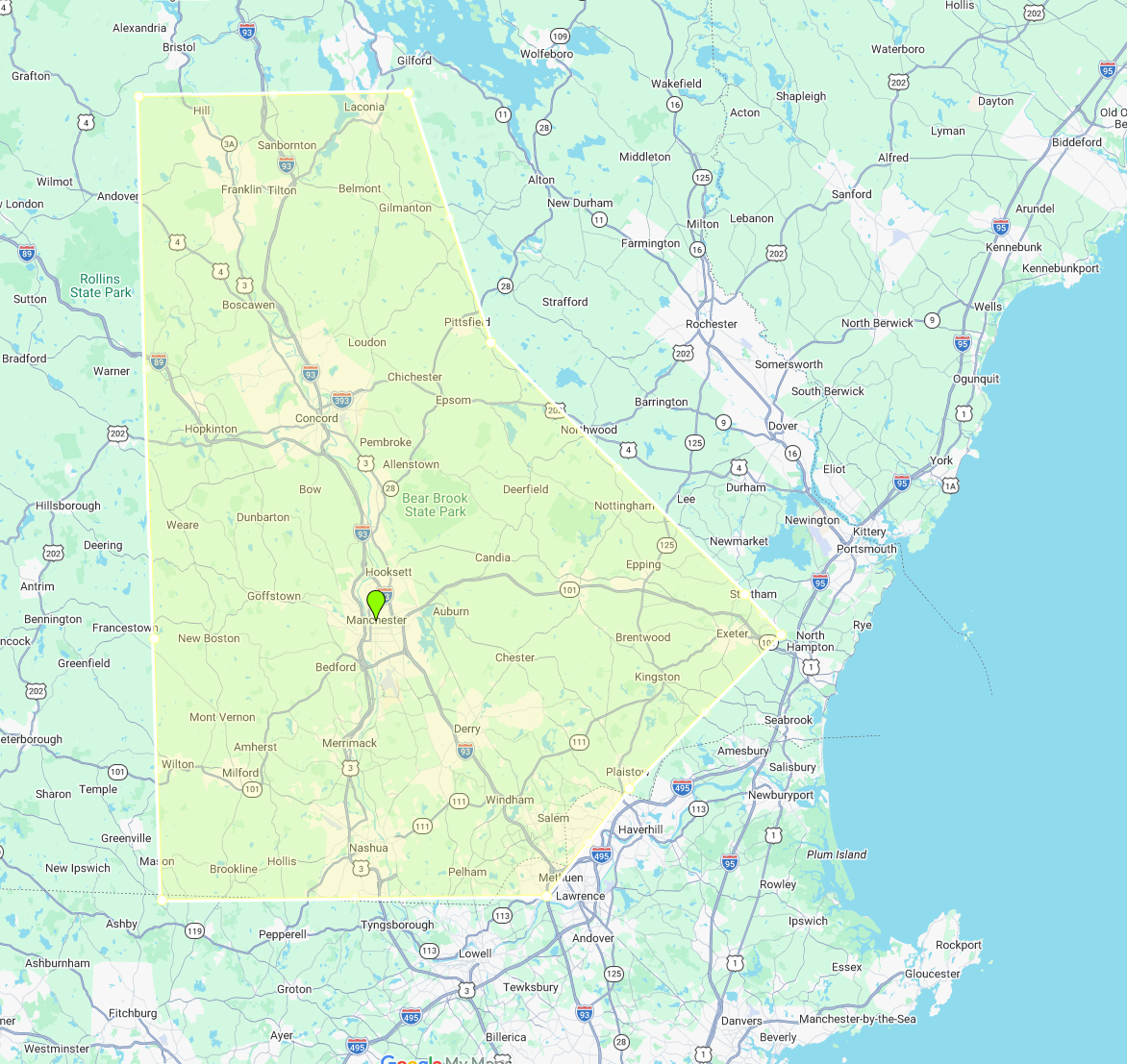 Map shwoing service area for Elite Heating and Cooling. Nashua Manchester Concord Franklin Exeter and towns between