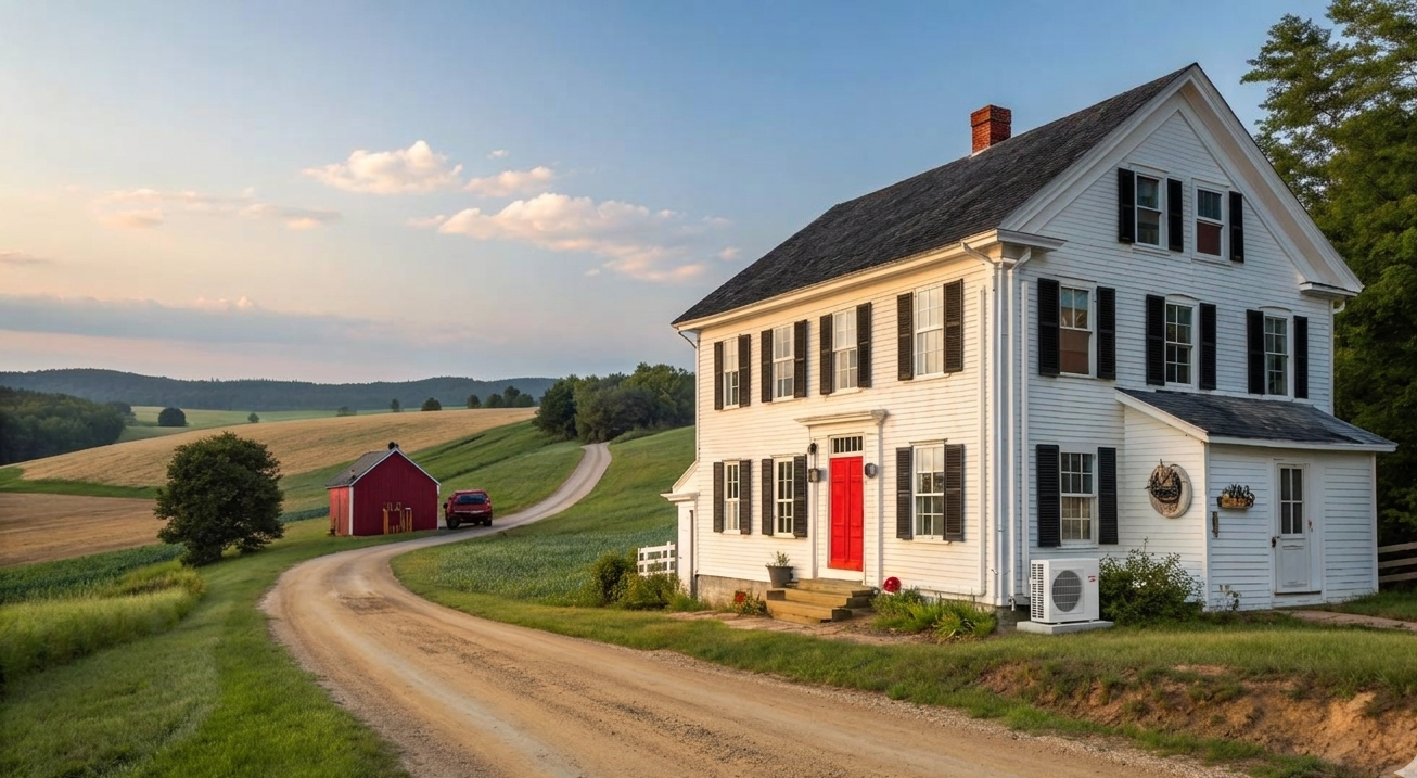 Ductless Mini Split on a typical Colonial House in New Hampshire with a dirt road and red barn in the field
