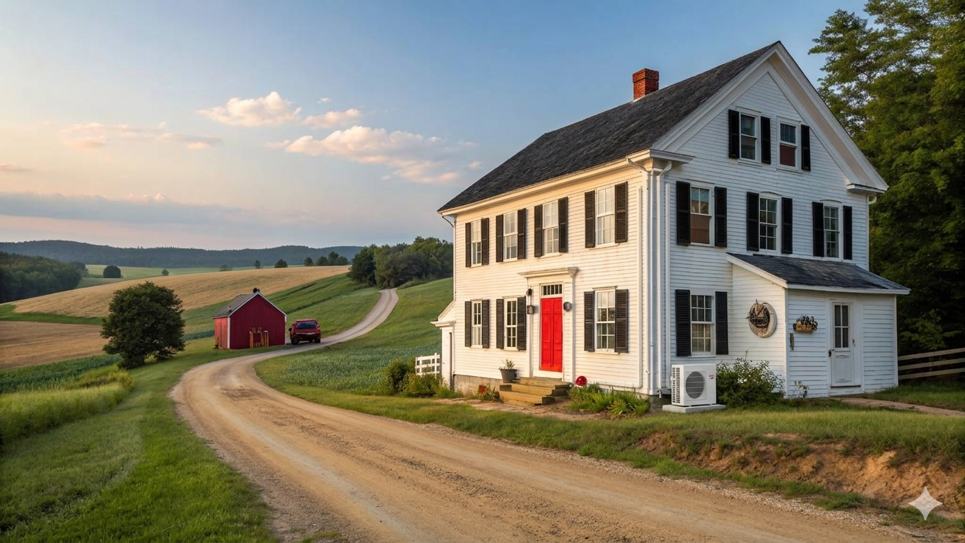 Ductless Mini Split on a typical Colonial House in New Hampshire with a dirt road and red barn in the field