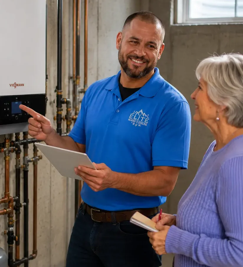 Elite Heating Tech explains something about the heating system to a home owner, treating her just like his own mom. Helping her Choose a Heating System that is right for her - Furnace or boiler installation