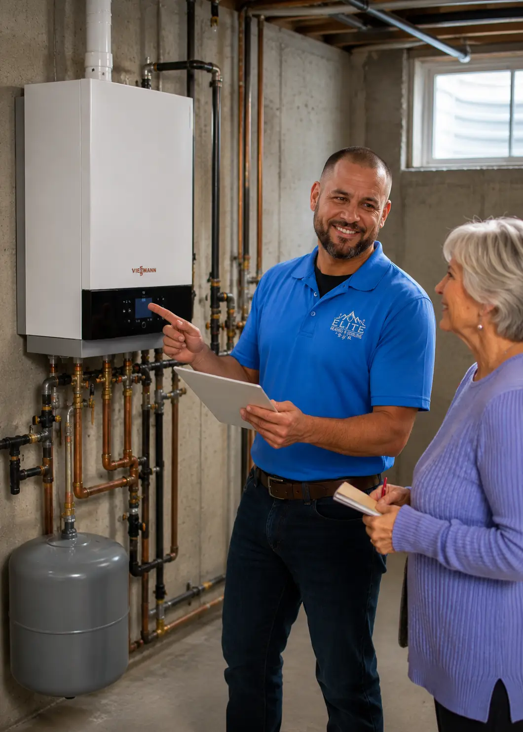 Elite Heating Tech explains something about the heating system to a home owner, treating her just like his own mom. Helping her Choose a Heating System that is right for her