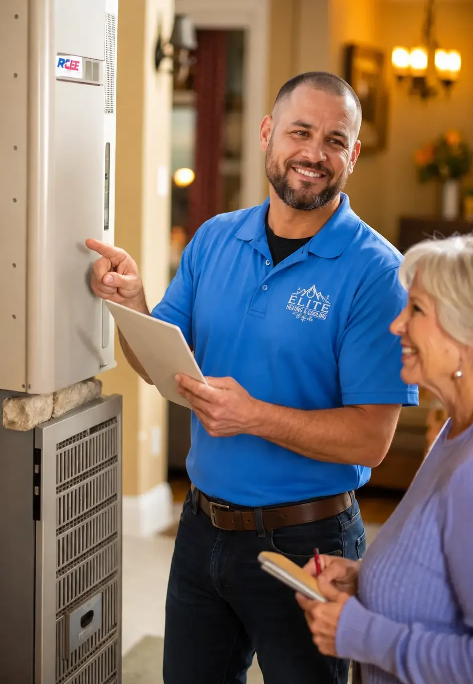 Elite Heating Tech explains something about the heating system to a home owner, treating her just like his own mom. Helping her Choose a Heating System that is right for her