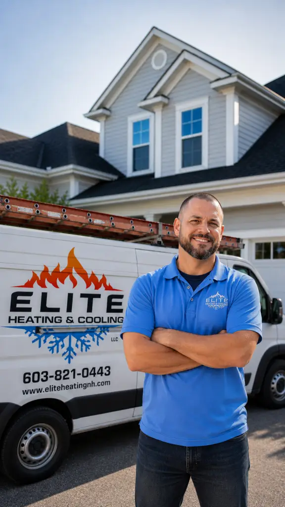 Elite Heating and Cooling in manchester NH standing in front of a customers house and the work van